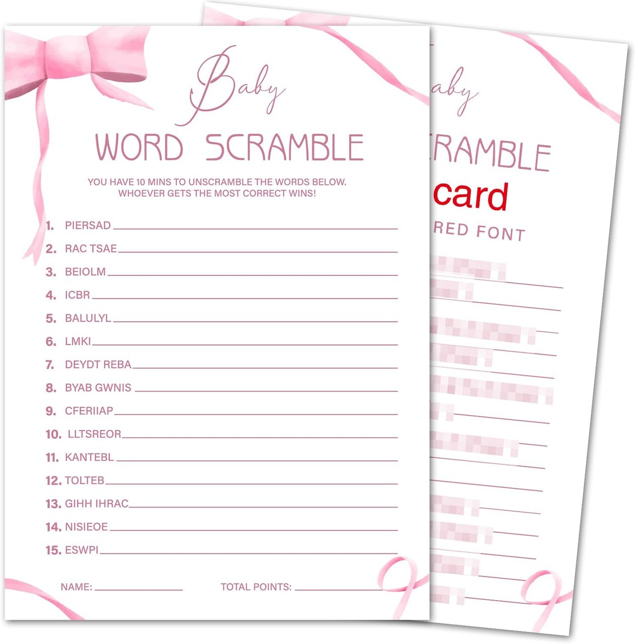Pink Bow Baby Shower Games Cards, Funny Baby Shower Games Party Activities